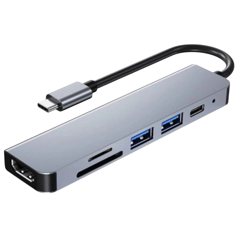 BYL-2010 6 en 1 USB Tipo-C/HDMI+USB 3.0+USB 2.0+Tipo C+microSD+TF Gris PD 87W Hub USB