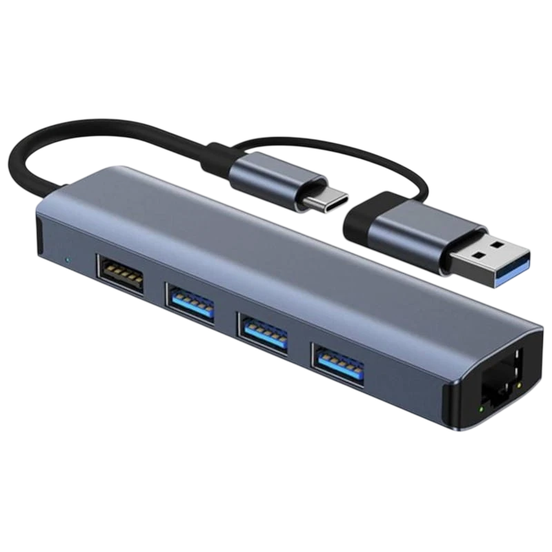 BYL-2208 5 en 2 USB 3.0+Tipo-C/RJ45 (Gigabit)+USB 3.0+2.0 Gris Hub USB