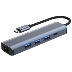 BYL-2302 5 en 1 USB Tipo-C/USB 3.0+Tipo C 100W+RJ45 Gris Hub USB