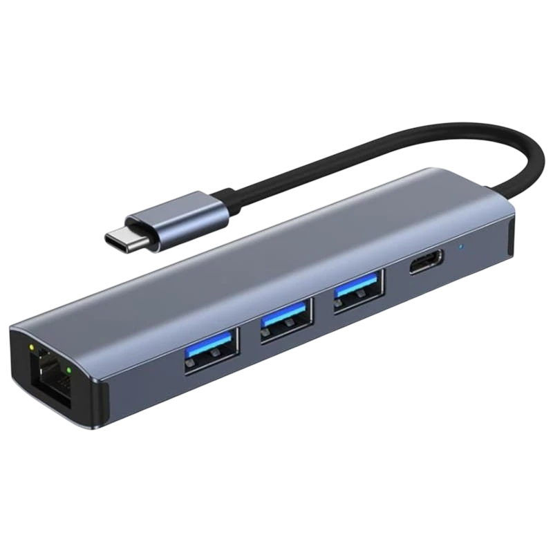 BYL-2302 5 en 1 USB Tipo-C/USB 3.0+Tipo C 100W+RJ45 Gris Hub USB