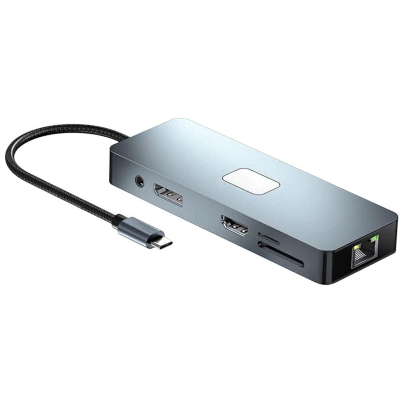 BYL-2309 11 en 1 USB Tipo-C a HDMI/microUSB/VGA/RJ45/USB3.2/Jack 3,5mm/USB Tipo C 100W Plata Hub USB