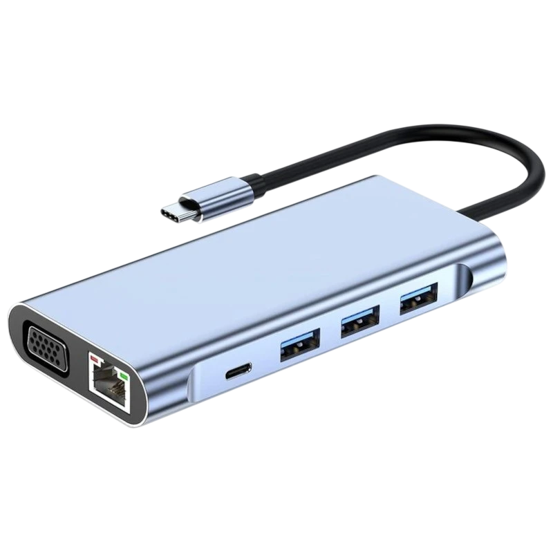 BYL-2310 11-en-1 USB Tipo-C a HDMI/USB 3.0/RJ45/USB Tipo C/PD/3,5mm Negro Hub USB
