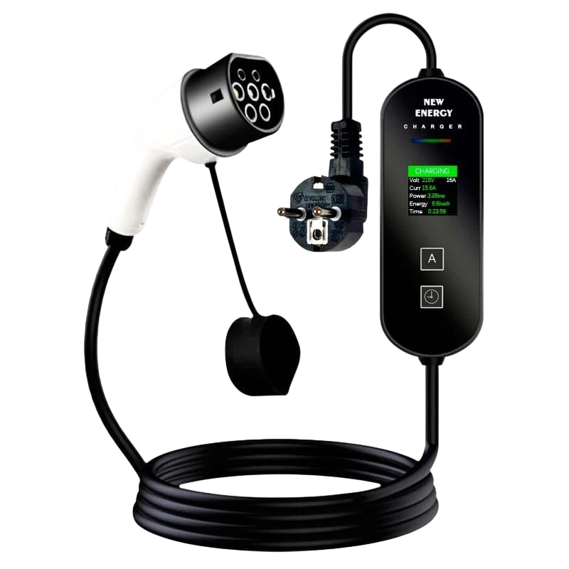 Cargador de coche eléctrico portátil 16A/3,5KW/Enchufe Schuko/10M/LCD EV Tipo 2 corriente ajustable