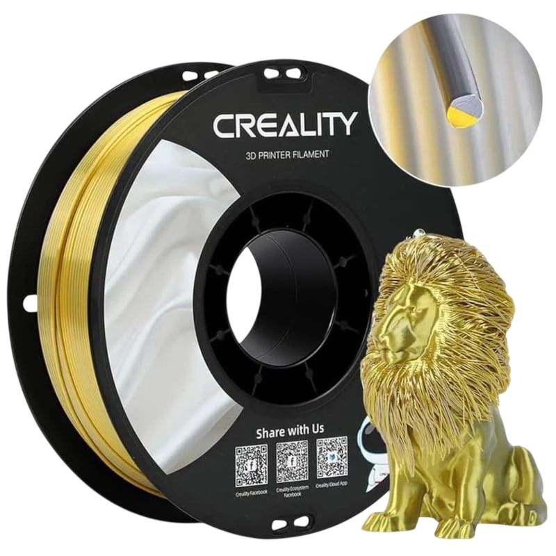 Filamento Creality PLA CR-Silk - 1.75mm - Velocidad de impresión hasta 100mm/s - Bobina de 1kg Color Oro/Plata