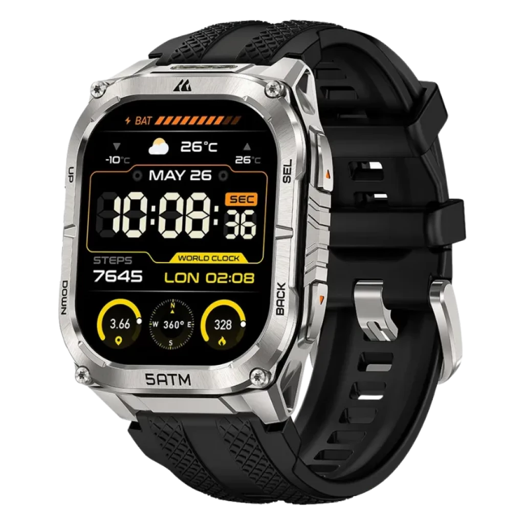 KOSPET Tank M4C Plata Correa Negro 1,96 pulgadas AMOLED GPS 16 días +170 deportes 5ATM IP69K Smartwatch
