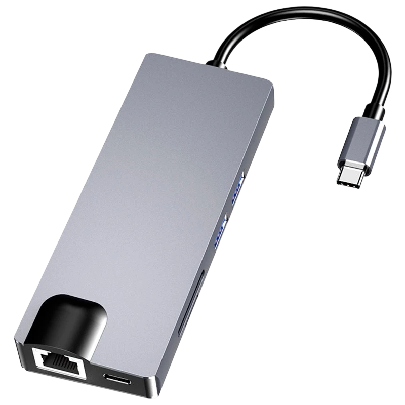 USB-C con HDMI + VGA + 2x USB 3.0 + USB-C PD + SD/TF + RJ45 1000 Mbps PD 100W Hub USB 8 en 1
